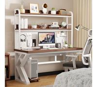 Brown Writing Desk with Storage Shelf & Pegboard Stable Home Office Desk for Bedroom Living Room Compact 39.4" (100cm) Design Ideal for Private Spaces