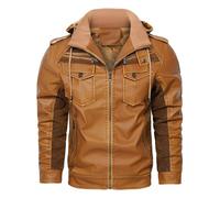 Brown,XL,Men's PU Leather Sexy Casual Zipper Fleece Lined Thickened Hooded Leather Jacket Motorcycle Outerwear DS Nightclub Stage Clothing