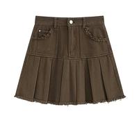 Brown Y2K Pleated Denim Mini Skirt High Waist Gothic Koran Punk Skater Preppy Style Low Waist Ruffle Skirts-1-S