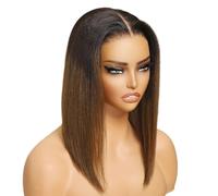 Brown Yaki Straight Bob Wig Human Hair - Glueless Pre Cut 7x5 HD Knots Lace Front Wigs Plucked with Chestnut Highlights -Pre Ready to Go Short 12inch(10inch)