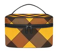 Brown Yellow Checkered Pattern Double-Layer Waterproof Cosmetic Bag Portable Travel Toiletry Organizer with Pockets for Makeup Accessories