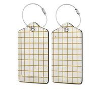 Brown Yellow Stripes Checkered Luggage Tag with Privacy Flap for Suitcase Leather Luggage Tags 2 PCS