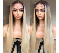 BrownBomb Straight Lace Wig Pre Plucked Synthetic Lace Front Wig Pre Plucked HD Glueless Wig 13 x 5 x 1 Inch Lace Wigs for Women 180 Density 26 Inch (Ombre Blonde, 26)