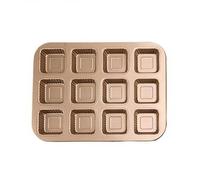 Brownie Bar Pan Square Muffin Cupcake All Edge Corner Individual with Dividers Nonstick Bread Loaf Meatloaf Cake Baking Tin Mold Tray for Toaster Oven Air Fryer (12 Link Gold Wave Pattern)