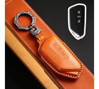 BrownPremium Genuine Leather Car Key Case Compatible with VW Volkswagen Golf 8 Cupra Formentor Born Seat Leon Ateca Skoda Octavia Enyaq ID3 ID4 3 buttons Car Key Protective with Keychain
