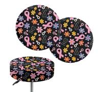 Brpzosi Ribbon Flower Round Stool Cushion Slipcover Bar Chair Cover with Elastic Breast Cancer Awareness Barstool Covers Slipcovers Set of 2 for Pub Club Dining Room Bar Party