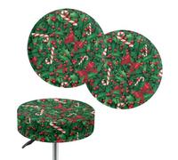 Brpzosi Round Stool Covers with Elastic Holly Berries Candy Cane Bow Christmas Bar Chair Covers Set of 2 Stretch Soft Stool Cover Washable Stool Slipcovers for Round Chair
