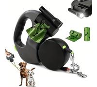 BRRDASJO Flowleesh Dual Dog Leash with 360° No-Tangle Swivel, Retractable Length, LED Light Poop Bag Holder,for Large Medium Dogs Walking Training.(Black)