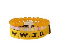 BRRDASJO W..J.D. What Would Jesus Do Faith Bracelet Set, Cross Beaded Bracelets Pack, Adjustable Clay Disc Natural Stone Beads Stretch,Gift for Women Men(Yellow)