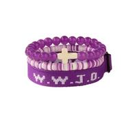 BRRDASJO W..J.D. What Would Jesus Do Faith Bracelet Set, Cross Beaded Bracelets Pack, Adjustable Clay Disc Natural Stone Beads Stretch,Gift for Women Men(Purple)