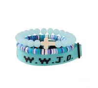 BRRDASJO W..J.D. What Would Jesus Do Faith Bracelet Set, Meaningful Beads, Inspirational Christian Bracelets with Cross Charm, Religious Jewelry Gifts for Women, Men(Blue)