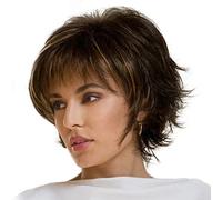 BRRNOO Short Hair Wig for Women Short Bob Wig for Ladies Layered with Bangs Heat Resistant Synthetic Fiber Blonde Mixed Black Brown Adjustable Cap for Daily Use Party
