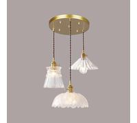 BRRSKBK 3 Light Cluster Gold Pendant Lighting Round Ribbed Glass Ceiling Hanging Light Vintage Farmhouse Long Pendant Light Nordic Modern Chandelier For Dining Room Kitchen Island Staircase