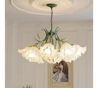 BRRSKBK 8 Lights Milk Glass Flower Chandelier Green Large Pendant Light Nordic Modern Floral Ceiling Hanging Lamp Foyer Chandelier For Entryway Dining Room Living Room Girls Bedroom Kitchen Island