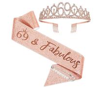 BRT Bearingshui 69th Birthday Tiara and Sash for Woman, Rose Gold Tiara and Sash for 69th Birthday Party