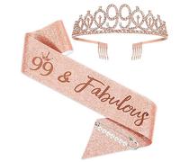 BRT Bearingshui 99th Birthday Sash and Tiara for Woman, Rose Gold Birthday Sash Crown 99 Fabulous Sash and Tiara for Woman, 99th Birthday Gifts for Happy 99th Birthday Party Favor Supplies