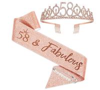 BRT Bearingshui Rose Gold Tiara and Sash for Woman, 58th Birthday Party Favor Supplies