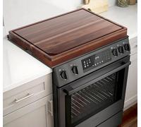 Brterade Acacia Wood Noodle Board Stove Cover, 30"L x 22"W x 2.5"H, Rustic Brown, Solid Wood, Multipurpose Stove Top Cover & Cutting Board with Juice Grooves & Built-in Wavy Handles