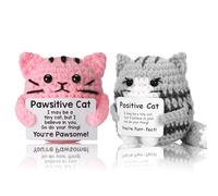 BRTNUP 2 Pcs Emotional Support Crochet Cat, Handmade Positive Gifts with Affirmation Card Positive Crochet Animals Emotional Support Gift Birthday Christmas Office Companion Home Decor (Gray+Pink)