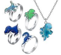BRTNUP 4PCS Mood Ring with 1PC Mood Necklace, Colour Changing Mood Rings and Necklace Set Dinosaur Design Ring Temperature Sensitive Adjustable Jewellery for Daily Party Birthday Valentine's Day Gift