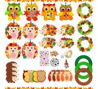 BRTNUP Autumn Craft Kit, 15 Pcs Autumn Owl Hedgehog Wreath DIY Felt Set | Autumn Animals Craft Set with Pom Poms Googly Eyes Stickers Ribbons for Autumn Decor Thanksgiving Halloween Harvest Festival
