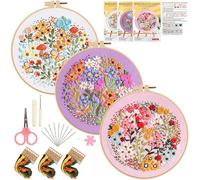 BRTNUP Embroidery Kit for Adults Beginners, 3 Pack DIY Embroidery Kit for Beginners with Fabric Hoop Thread & Needles Starter Hand Flower Embroidery Kits for Adults Sewing Gift Set for Women & Teens
