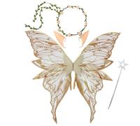BRTNUP Fairy Wings for Adults, Fairy Costume Set with Floral Garland Wand and Elf Ears Butterfly Wings for Cosplay Halloween Parties Stage Performances Sparkle Butterfly Wings Adult (Champagne Gold)