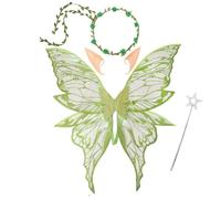 BRTNUP Fairy Wings for Adults, Fairy Costume Set with Floral Garland Wand and Elf Ears Butterfly Wings for Cosplay Halloween Parties Stage Performances Sparkle Butterfly Wings Adult (Green)