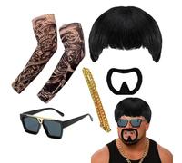 BRTNUP Ibiza Final Boss Costume Accessory Set 5PCS,Black Bowl Cut Wig, Fake Tattoo Sleeves & Gold Chain,Goatee,Sunglasses,Funny Fancy Dress Kit for Festivals & Parties, Men's Themed Night Accessories