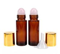 BRTNUP Rose Quartz Roller Ball Bottles for Castor Oil,2 Pack 50ml Empty Amber Glass, Refillable with 2 Funnels, Natural Crystal Rollerball, Perfect for Essential Oils, Perfume & Aromatherapy DIY