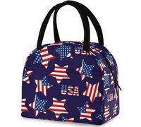 BRTOLIIAO American Flag Stars Reusable Lunch Tote Bag with Front Pocket Insulated Thermal Cooler Container Bag for Back to School Work