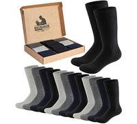 BRUBAKER 10 Pairs Men's Cotton Socks - Business Essentials - Large Set for Work and Everyday Wear - Breathable Dress Styles in Gift Box - Black, Grey and Dark Blue Cotton - Size UK 9-11 (EU43-46)