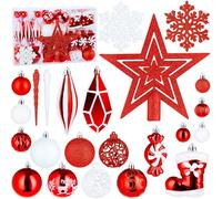 BRUBAKER 128 Piece Premium Christmas Tree Decorations - XXL Christmas Bauble Set with Glitter Baubles, Icicles, Diamond Ornaments, Sweets, Santa Boots, and Tree Topper Star - Tree Decorations - Red