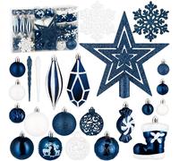BRUBAKER 128 Piece Premium Christmas Tree Decorations - XXL Christmas Bauble Set with Glitter Baubles, Icicles, Diamond Ornaments, Sweets, Santa Boots, and Tree Topper Star - Tree Decorations - Blue