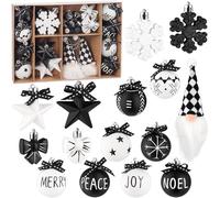 BRUBAKER 24 Pieces Christmas Tree Decorations Black and White - Christmas Bauble Set with Gnomes, Snowflakes, Merry, Peace, Joy and Noel Baubles with Black Bows - White and Black