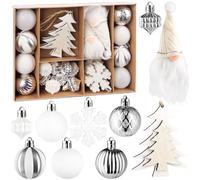 BRUBAKER 24 Pieces Christmas Tree Decorations White and Silver - Christmas Bauble Set with Gnomes, Christmas Trees, Snowflakes and Patterned Glitter Balls - Tree Decorations made of Wood and Plastic