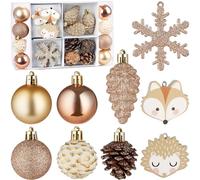 BRUBAKER 26 Pieces Christmas Tree Decorations Forest and Animals - Christmas Bauble Set with Pine Cones, Hedgehog and Fox Pendants, Snowflakes, Glitter Balls - Tree Decorations - Gold Brown