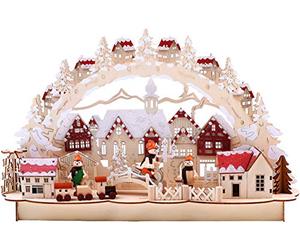 BRUBAKER 3D LED Light Arch Candle Arch - Winter Landscape with Old Town - LED Lighting - Natural Wood - 17 x 11 x 4 Inches - Hand Painted