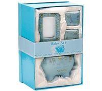 BRUBAKER 4 Pcs. Baby Boy Keepsake Gift Set with Piggy Bank, Tooth and Curl Box and Photo Frame Blue - English
