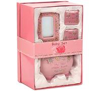 BRUBAKER 4 Pcs. Baby Girl Keepsake Gift Set with Piggy Bank, Tooth and Curl Box and Photo Frame Light Pink - English