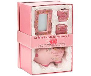 BRUBAKER 4 Pcs. Baby Girl Keepsake Gift Set with Piggy Bank, Tooth and Curl Box and Photo Frame Light Pink - French