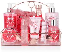 BRUBAKER 6 Pcs Womens Ladies Gift Set Raspberry Champagne Spa in Wire Basket