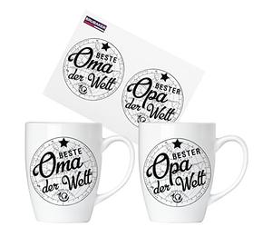 BRUBAKER Beste Oma & Bester Opa der Welt Ceramic Mug Set - 2 Coffee Mugs 300 ml - German - with Greeting Card and Gift Box