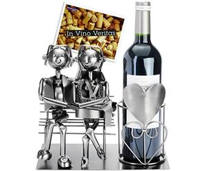 BRUBAKER Bottle Holder Lovers on Bench - Wine Bottle Holder Silver - Bottle Rack Metal Figure Love - Metal Sculpture Gift for Married Couples with Gift Card