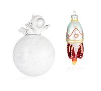 BRUBAKER Christmas Baubles Set Space - Astronaut Moon and Rocket - Hand Painted Christmas Ornaments - Funny Christmas Tree Decoration Made of Glass for Space and Astronautics Fans - 2 pcs