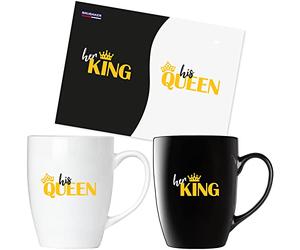 BRUBAKER Coffee Mugs Her King & His Queen with Greeting Card - Couple Coffee Mugs Black and White - 300 ml (10 fl.oz.) Mugs Gift Set - Mug Set in Gift Box for Valentine's Day, Wedding and Christmas