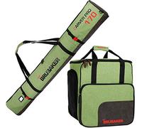 BRUBAKER Combo Set Carver Performance - Ski Bag and Ski Boot Bag for 1 Pair of Skis + Poles + Boots + Helmet - Green Black - 66 7/8 Inches / 170 Cm