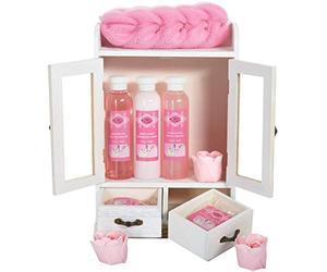 BRUBAKER Cosmetics Bath and Body Gift Set - Cherry Blossoms & Rice Milk - Vegan - Spa Gift in Wooden Cabinet - Vintage White (10 PCS.)