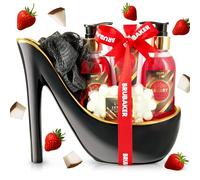 BRUBAKER Cosmetics Luxury Strawberry and Coconut Milk Bath and Shower Set - 6 Pcs. Beauty Gift Set in Black