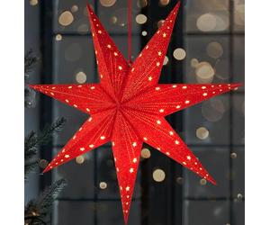 BRUBAKER LED Christmas Star for Hanging - 60 cm Paper Star with 7 Tips - 3D Advent Star - Battery Operated, Hanging and Illuminated - Window Decoration Luminous Star - Red
